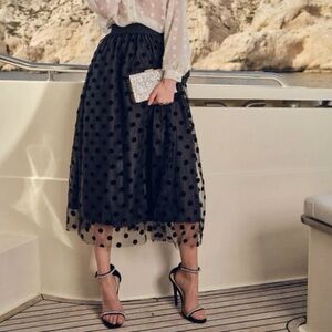 Shein Prive Sheer Layered Black Velvet Polka Dot Skirt S